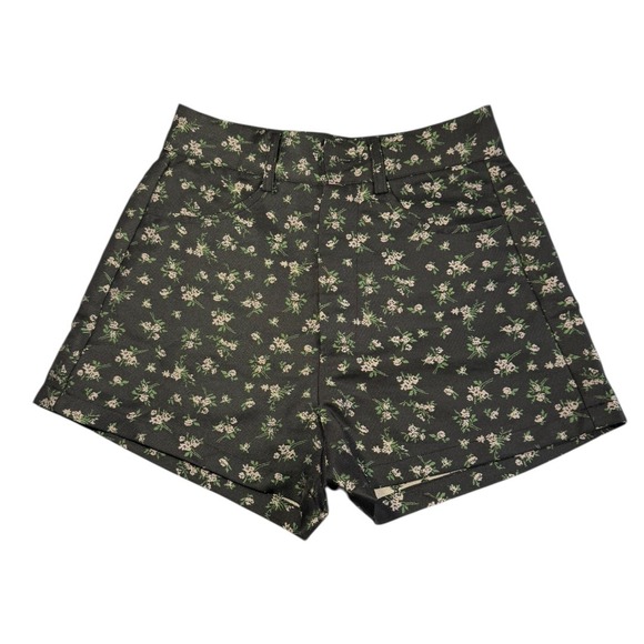 Cider Pants - CIDER Floral Print High Waisted‎ Shorts XXS Dark Green Black Cottagecore